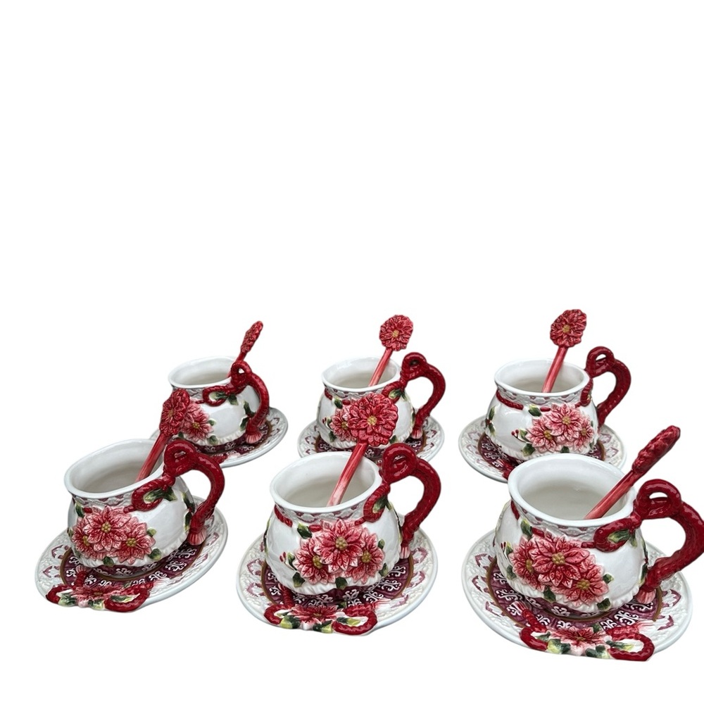 Charming Floral Tea Set of 18 with Red Accents